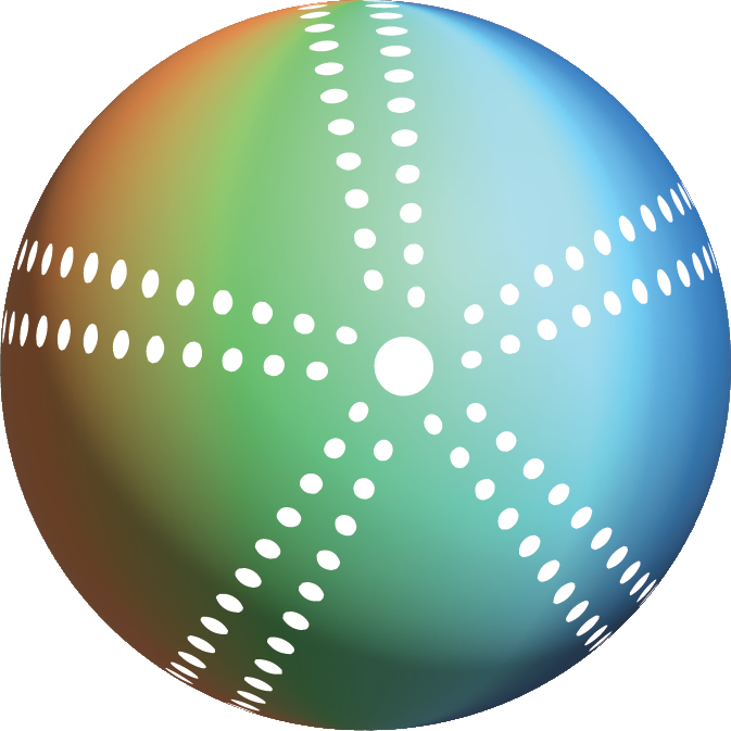 The OPal logo is a red-to-blue rainbow shaded simple rendering of a regular echinoid with lines of paired white dots representing the ambulacra and a central white circle representing the periproct.